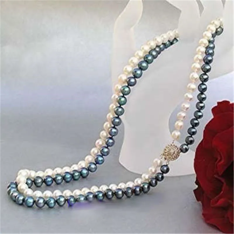 

Charming Natural freshwater pearl 2Rows 6-7MM Black&White Pearl Necklace 17-18"