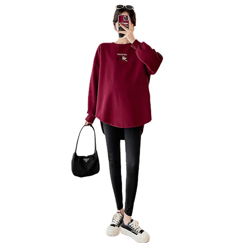 Autumn Maternity Hoodies Fashion Embroidery Long Loose Irregular Pregnant Woman Sweatshirt Plus Size Pregnancy Pullover Top