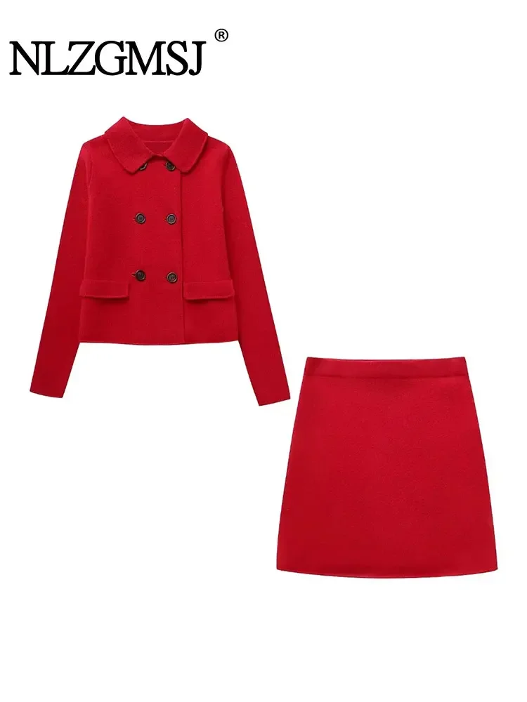 

Nlzgmsj TRAF 2023 Women 2 Pieces Sets Short Double Breasted Blazer Coat Tops + Mini A-Line Skirts Autumn Causal Elegant Sets