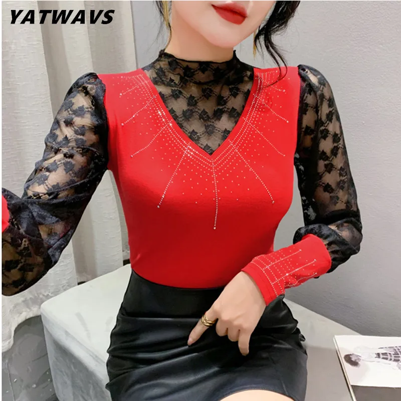 

Женская Кружевная футболка с длинным рукавом, элегантная приталенная хлопковая Футболка с воротником-стойкой и блестящими бриллиантами, в европейском стиле, осень 2023