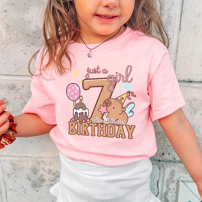 Girl Party T Shirts Capybara Birthday Party Clothes Girl Number Pink T Shirt Toddler Cartoon Print Short Sleeve Tops Cute Baby Kids Cotton Tee Shirt