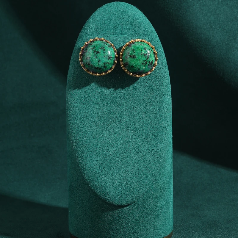 أقراط كلاسيكية خضراء مستديرة من الحجر الطبيعي مجوه...