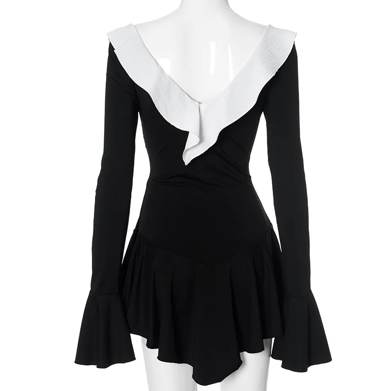 JULISSA MO Patchwork Sexy Cuello en V profundo Volantes Vestido de mujer Negro Manga larga Con cordones Vestido femenino Otoño Slim Elegante Ropa de calle