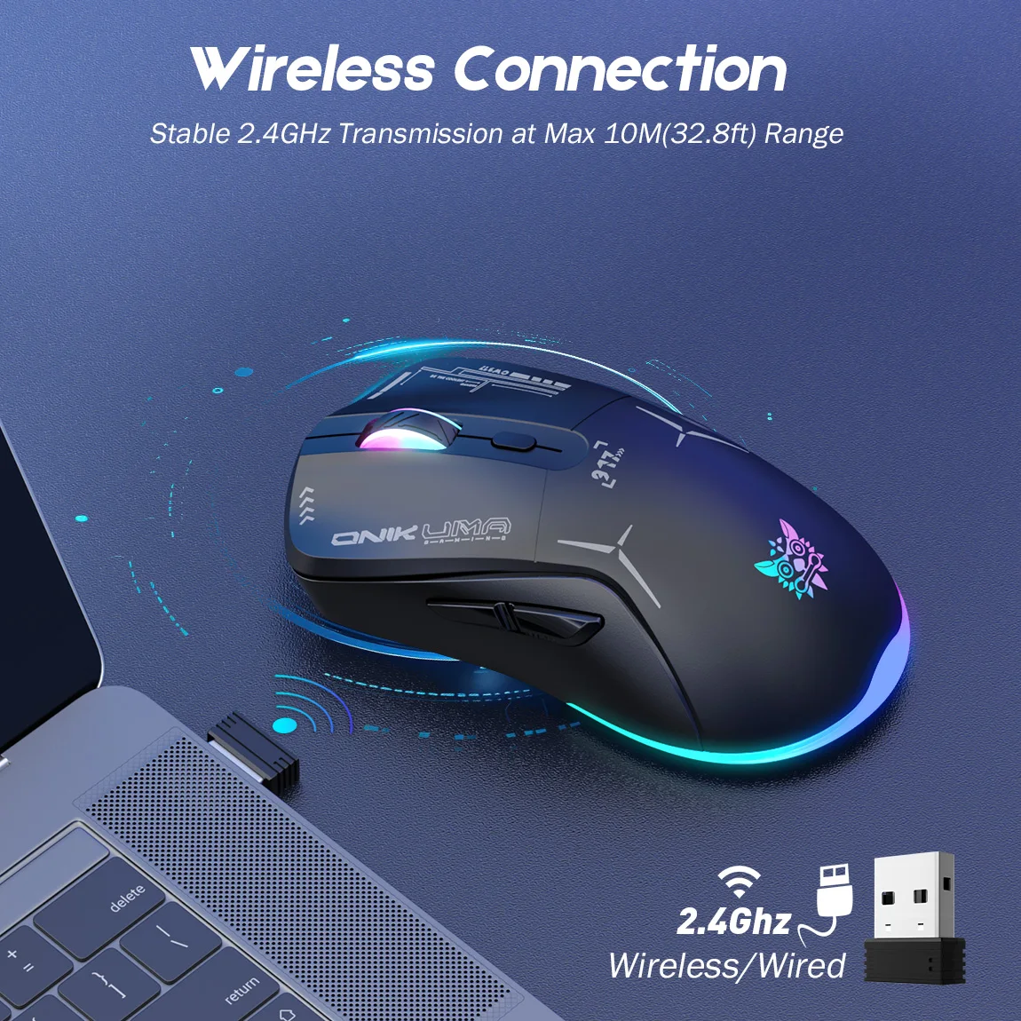 ONIKUMA CW917 무선 게이밍 마우스 | 7가지 RGB 백라이트 모드, 4800 DPI 조절 가능, PC/노트북 게이머를 위한 인체공학적 디자인