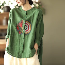 Cotton Linen Women's Shirts Embroidery Chinese Style Blouses Loose Long Sleeve FASHION Ladies Clothing New Summer O-necks Tops