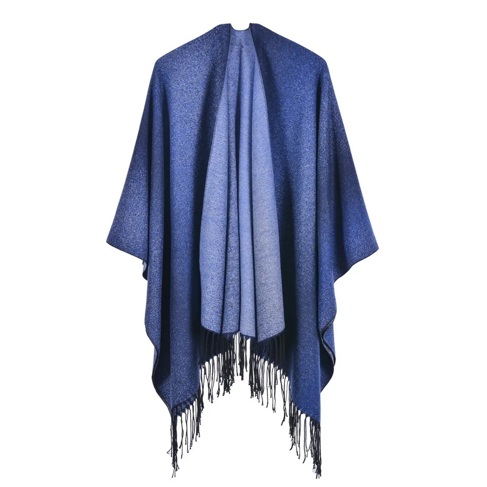 

Autumn Winter Women's Jacquard Shawl European American Street Fashion Fork Thickened Cloak For Warmth Ponchos Capes Blue