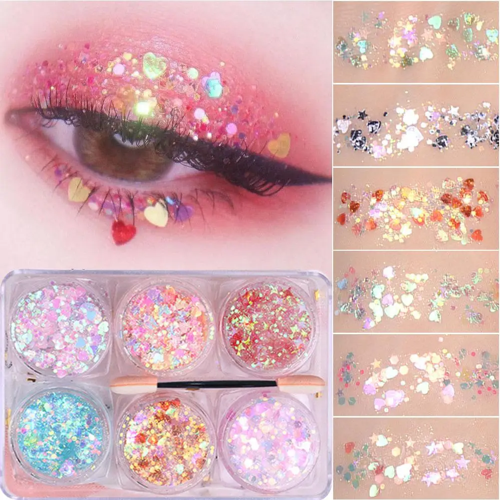 6pcs/set Body/Face/Eye Makeup Glitter Gel Star/Moon/Hexagon/Heart Nail Sequins Gel Loose Sequins Festival Makeup Decorations 4