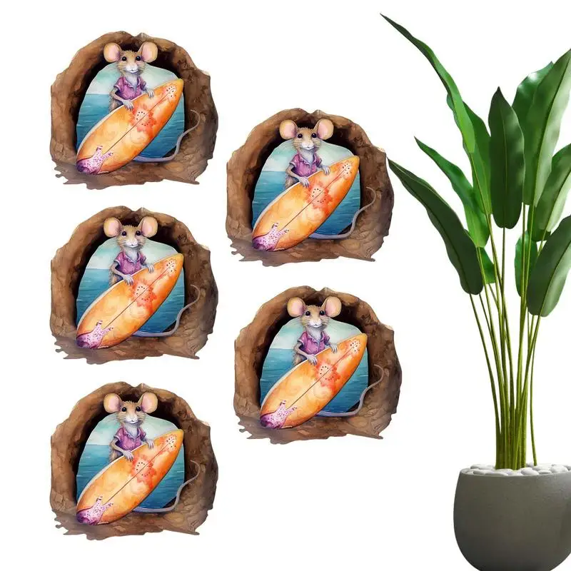 

Realistic Mouse Hole Wall Stickers 5pcs Home Decor Stickers Mouse Wall Decor Corner Decor Beach Surfboard Pattern Waterproof