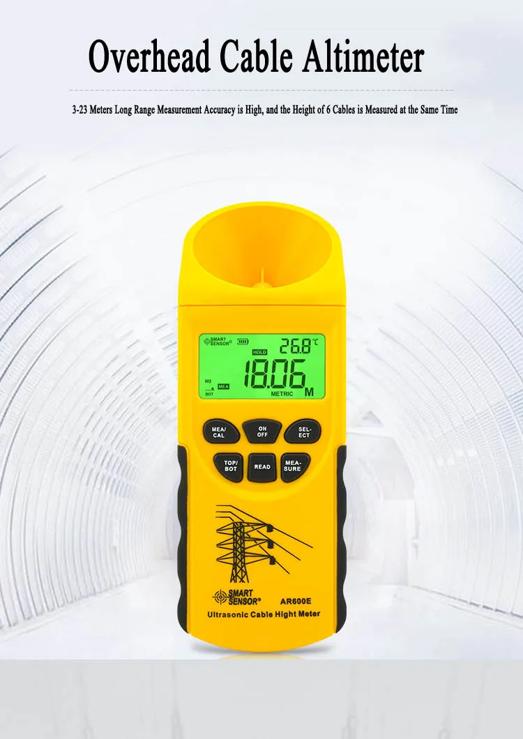 SMART SENSOR AR600E Ultrasonic Cable Height Meter 6 Cables Measurement LCD Displ