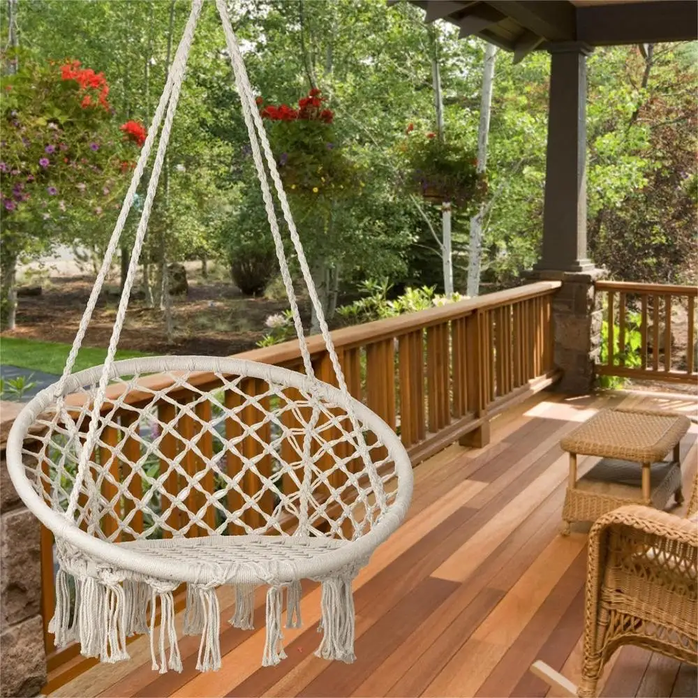 Macrame Hanging Chair with LED Lights Indoor Outdoor Swing Chair Decorative Hammock Relaxation Cradle Garden Home Patio 6