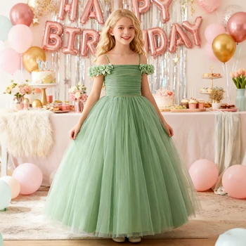 Fashion Flower Wedding Bridesmaids Girl Dresses Elegant Tulle Birthday Party Princess Prom Dress for Girls Bow Evening Costumes 1