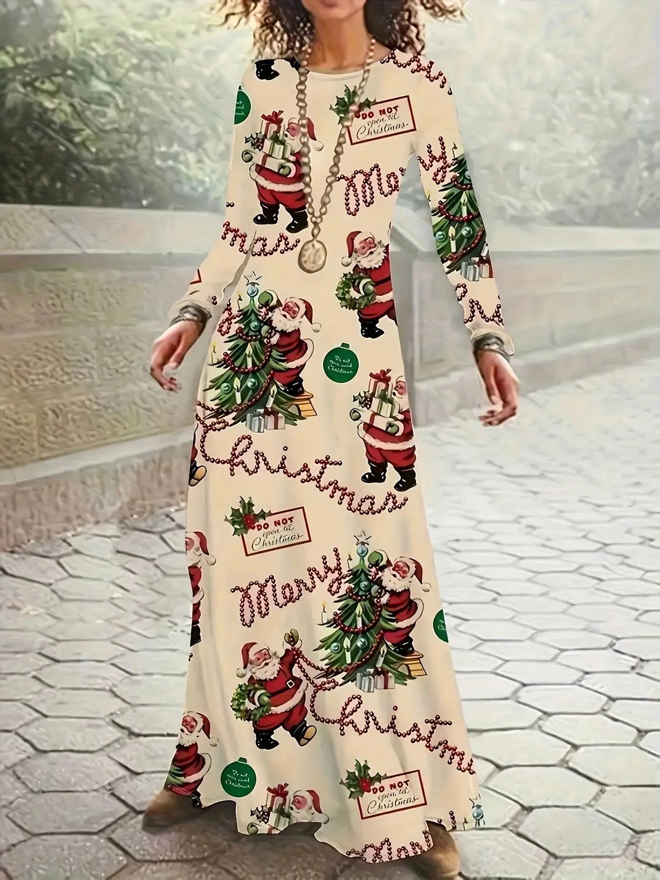 Women Spring Autumn New Year Christmas Tree Santa Claus Vintage Sexy Ruffles Long Full Dress Casual Party Elegant Maxi Dresse