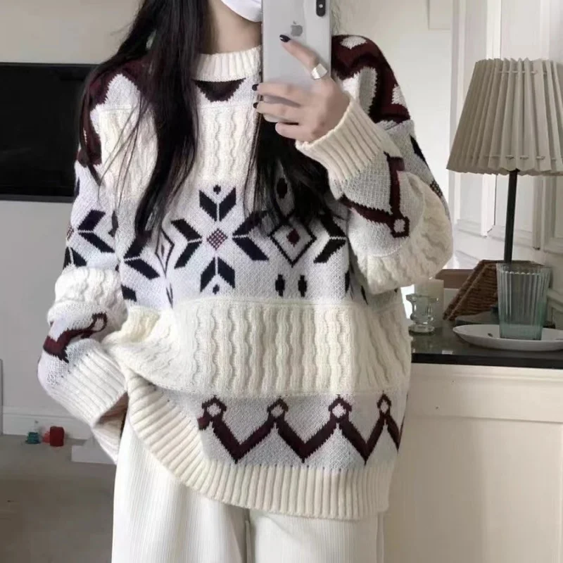 

Vintage Christmas Sweater Women Autumn Winter Long Sleeve Knit Sweaters Y2k Pullover Lazy Wind Girl Soft Jumpers Top Streetwear