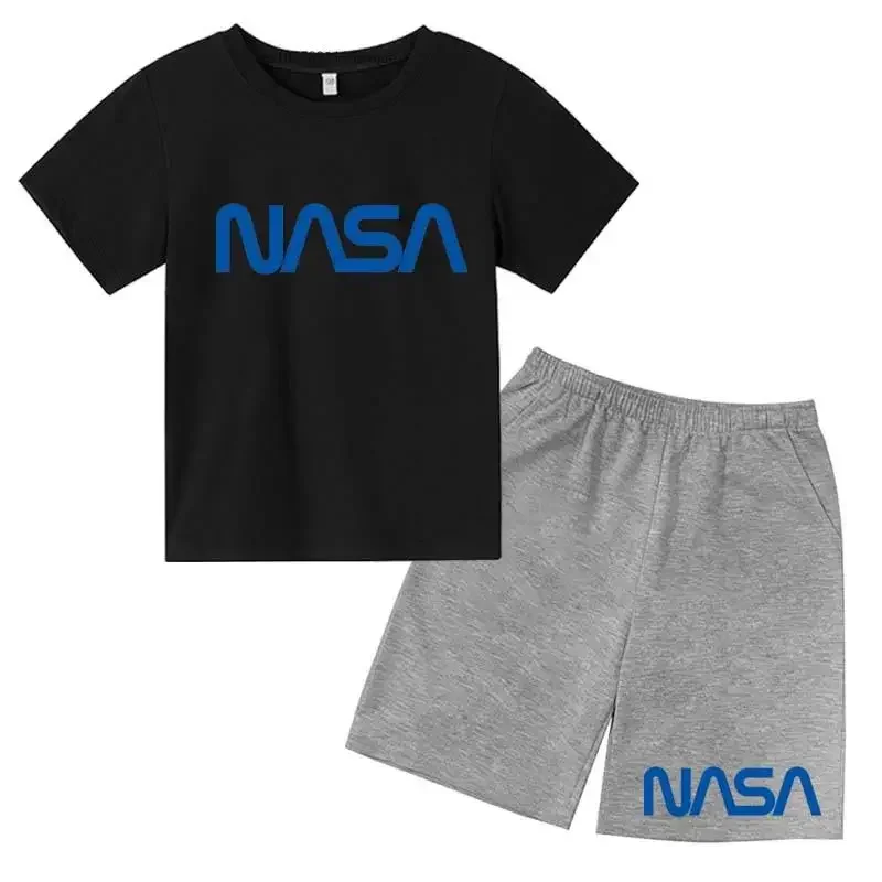 thumbnail image 1 of Conjunto de 2 camisetas y pantalones cortos con estampado de letras de verano para niños de 2 a 13 años, ropa deportiva de calle para niños y niñas, 1 of 5