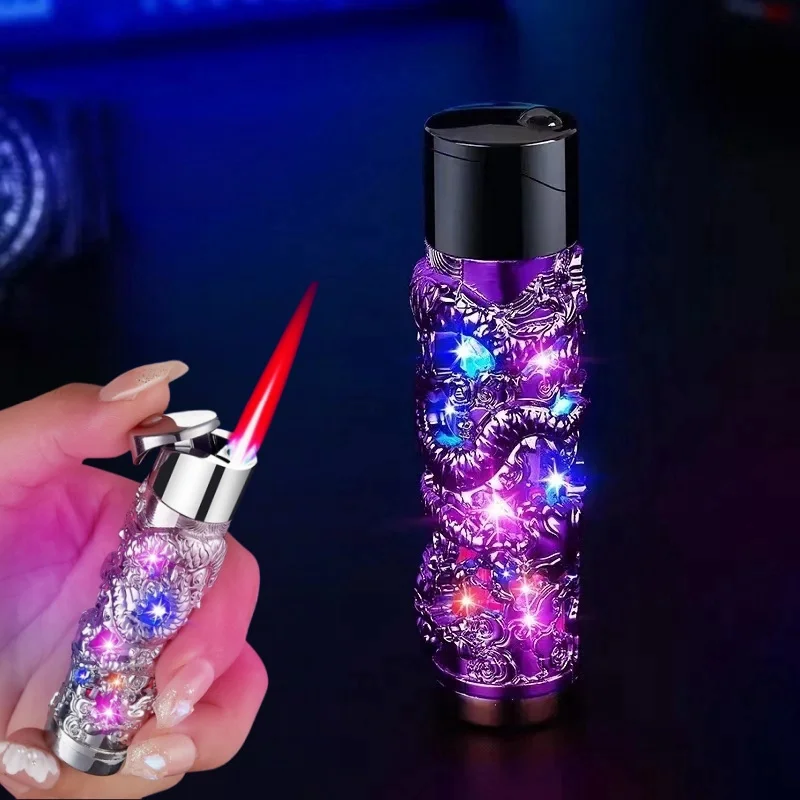 Metal Relief Lantern Inflatable Lighter Portable Windproof Butane Turbine Torch Jet Blue Flame Cigar Tool Fashionable Men's Gift
