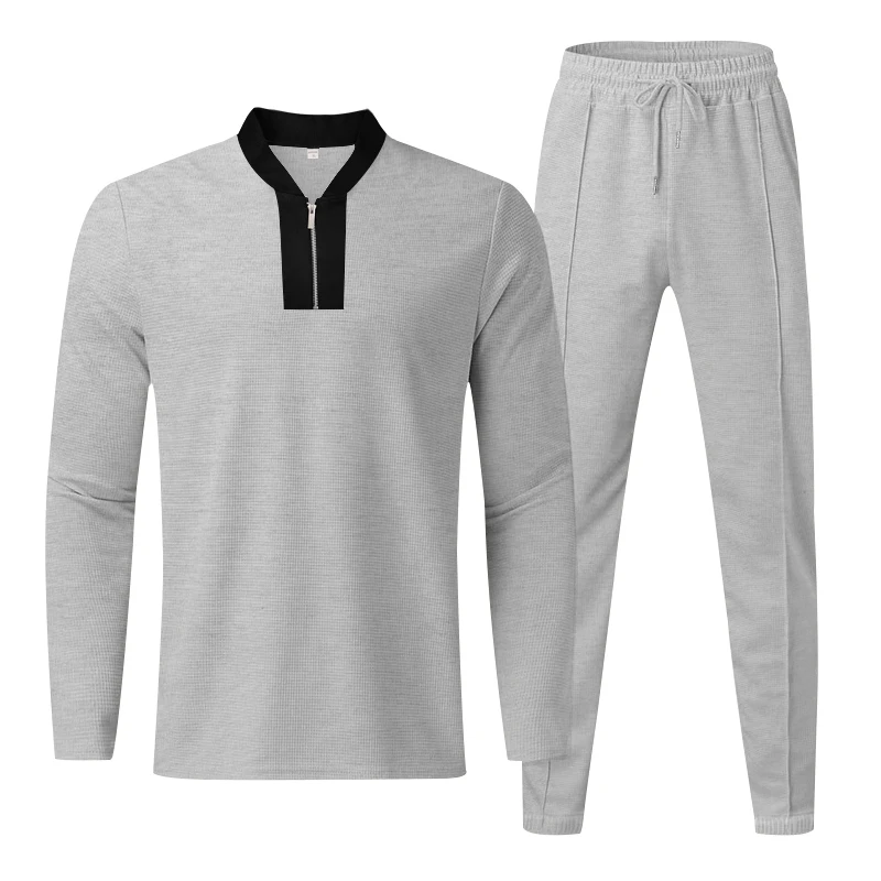 Spring summer men's long-sleeved Waffle half-height zipper base sweatpants T-shirt set