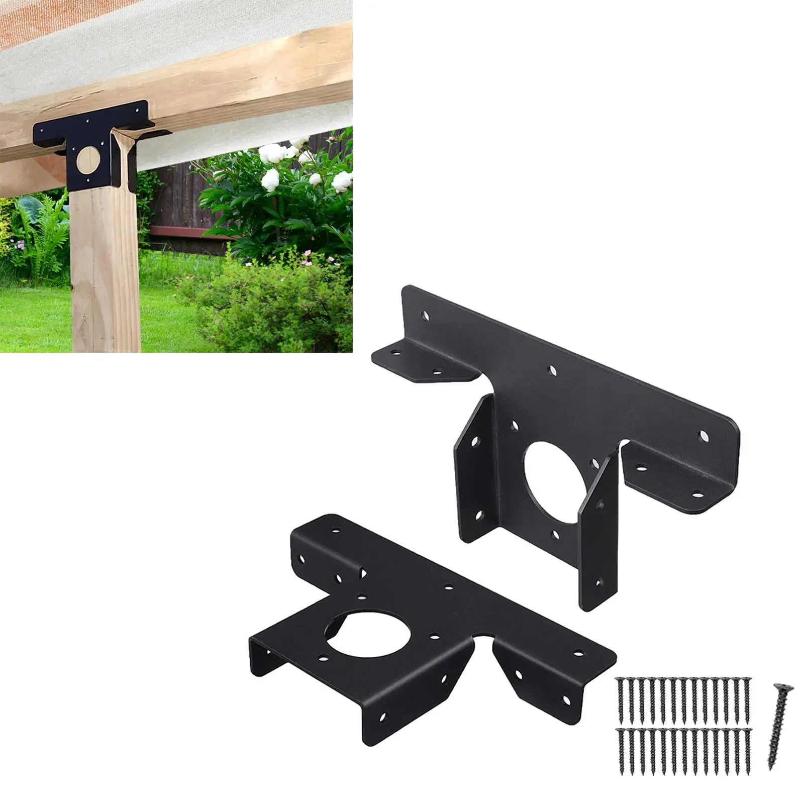 2x Pergola Brackets Durable Heavy Duty Easy to Install for 4x4 Wood Post Black Metal T Shaped Bracket Gazebo Accessories 3 Way