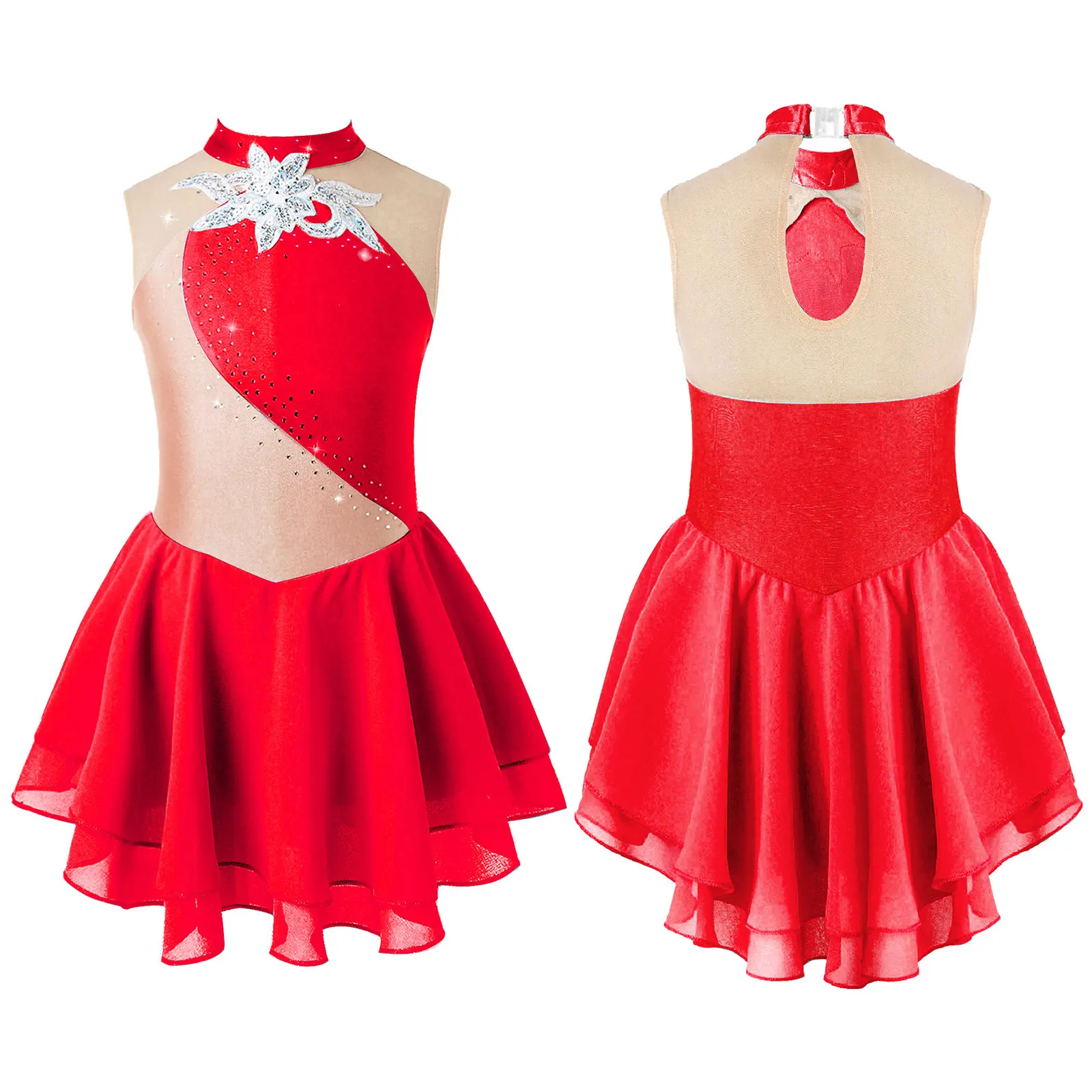 thumbnail image 1 of Vestido ajustado para niñas con brillantes diamantes de imitación para gimnasia, patinaje artístico, maillot de ballet con lentejuelas, traje de danza lírica, 1 of 5