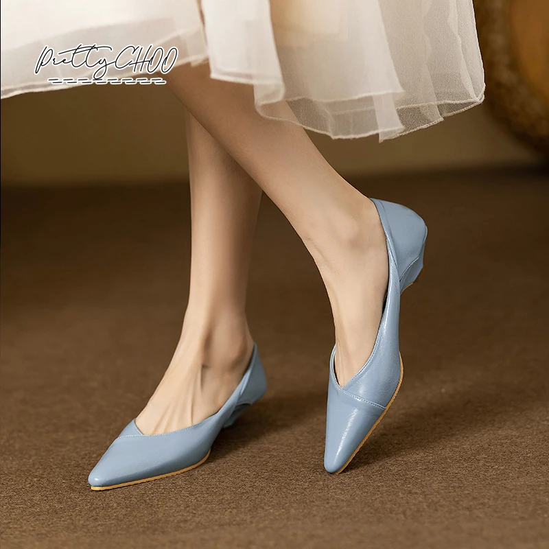 Brand Design Hollow Out Folded Heel Shoes Woman Soft Leatherette Point Toe Dress Shoes Ladies Comfort Office Zapatos in Blue 6