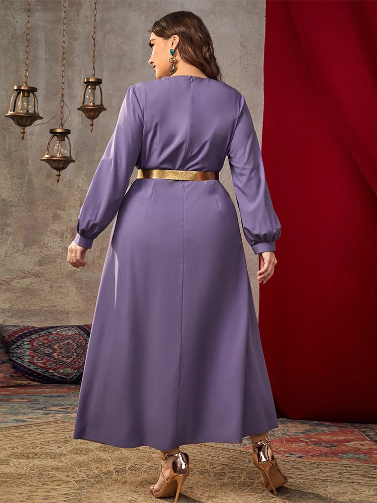 Women Plus Size Maxi Dresses 2023 New Spring Autumn Long Sleeve Luxury Chic Elegant Belt Applique Turkish Evening Party Clothing