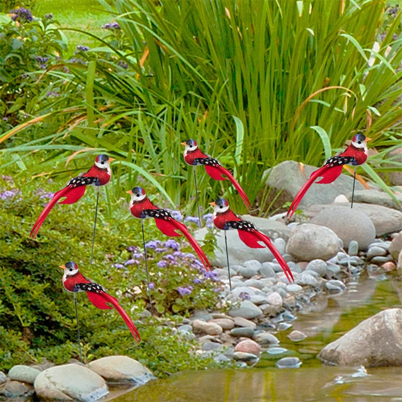 Estacas artificiales de espuma para pájaros, decoración de jardín y patio al aire libre, colorido 3d, pájaro falso simulado, decoración para el hogar, maceta, cama, 6 piezas