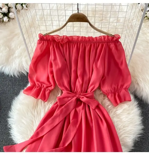 Beach Dress Women Sexy Off The Shoulder Slash Beach Chiffon Dresses Ladies Elegant A Line Bandage Party Dress Long Robe