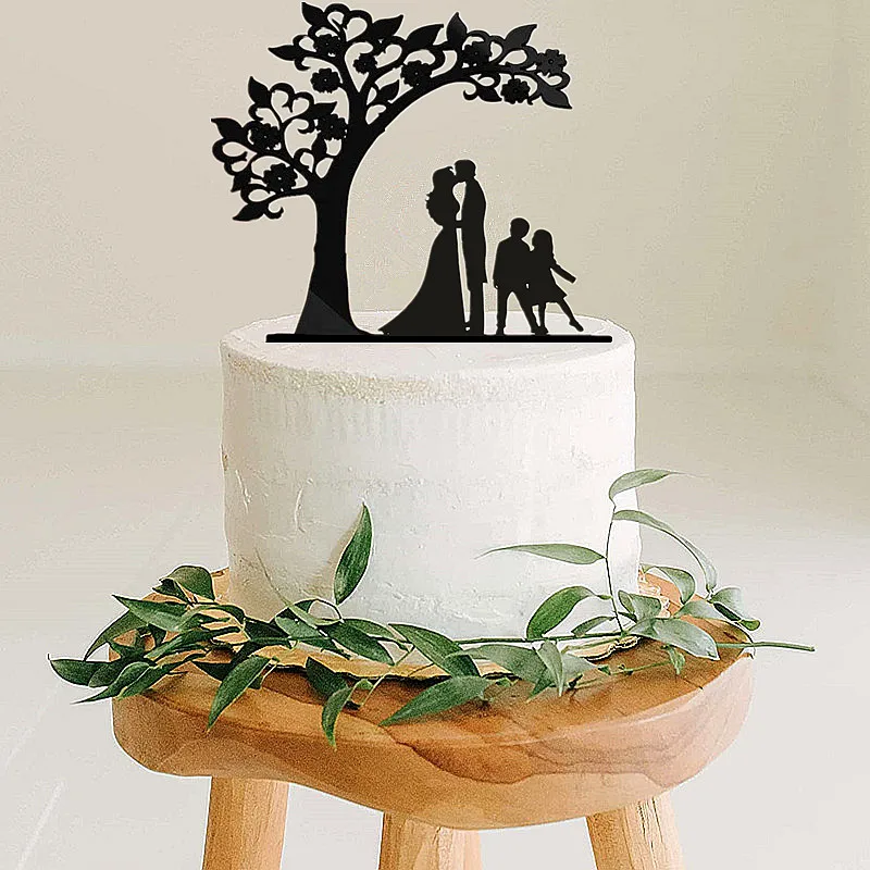 Tree Style Wedding Anniverary Cake Topper couple with 2 kids Bride and Groom with Pet Dog Cat Boys Girls Family Cake Topper images - 6