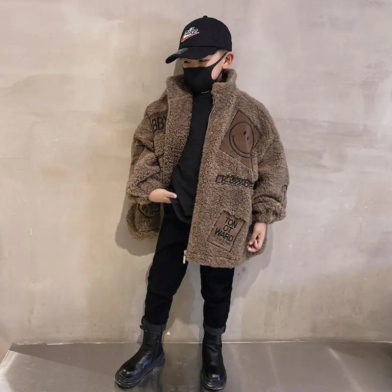 Boys Patchwork Wool Coat Kids Outerwear Korean Thickened Big Teenager New Winter Woolen Jackets 5 7 8 9 10 11 12 13 14Years Old