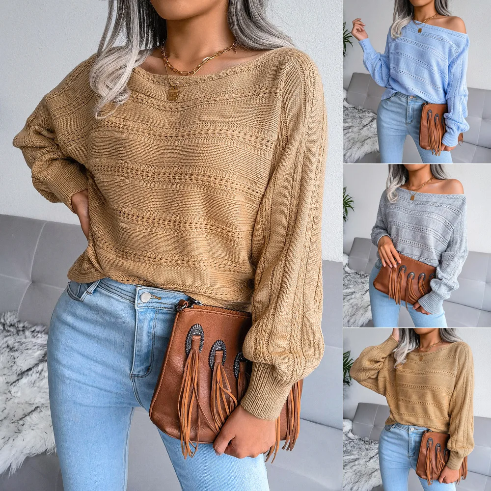 

Popular Autumn and Winter Off shoulder Hollow out Fried Dough Twists Casual Knitted Sweater Stand Alone Women's Wear