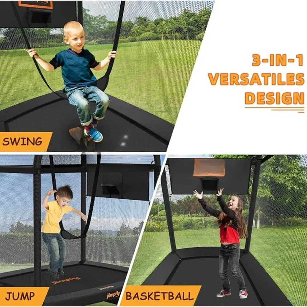 6FT Trampoline for Kids Trampoline with Swing & Basketball Hoop Rectangle Indoor Outdoor Toddler Trampolines W/ Safety Net 6