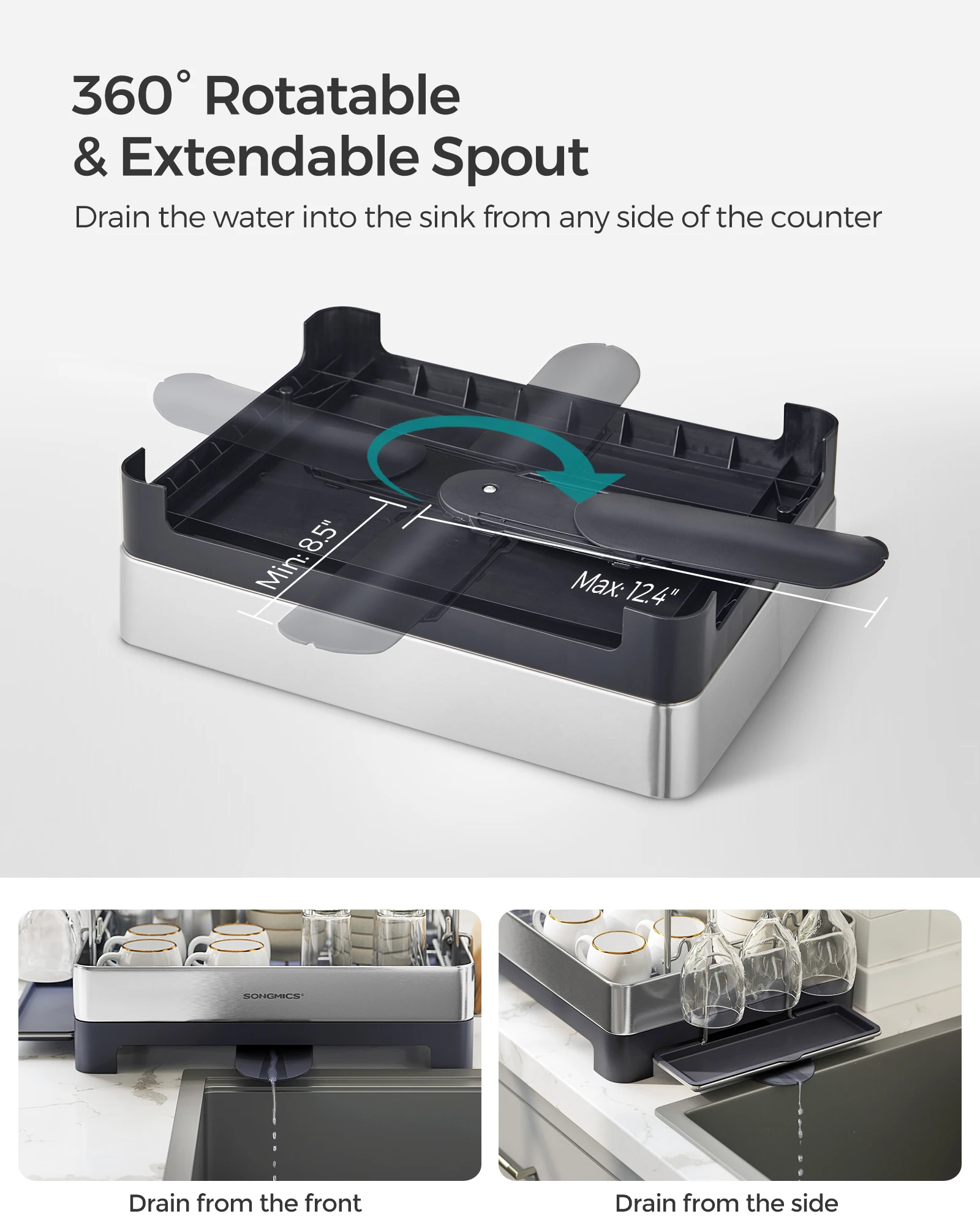 SONGMICS Dish Drying Rack - 2 Tier Dish Rack for Kitchen Counter with Rotatable and Extendable Drain Spout 5