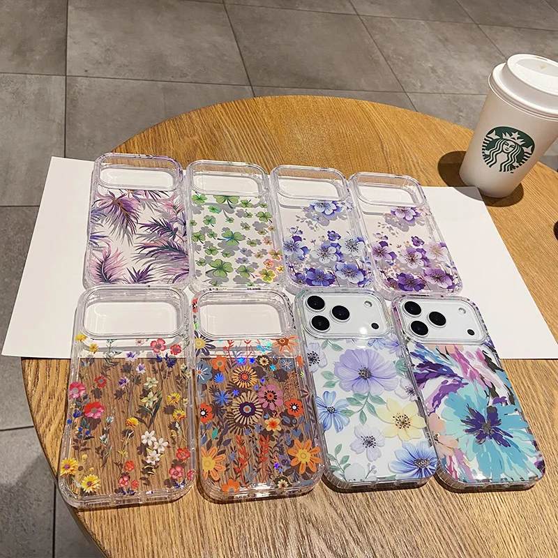 Luxurious Glitter Flower Shell Shockproof Phone Case - Hard Acrylic Clear Protective Cover