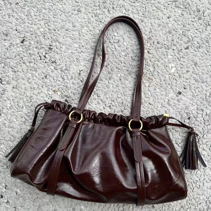 England Style Vintage Bags For Women Luxury Designer Handbags And Purses New In PU Oil Wax Leather Ruffle Underarm Shoulder