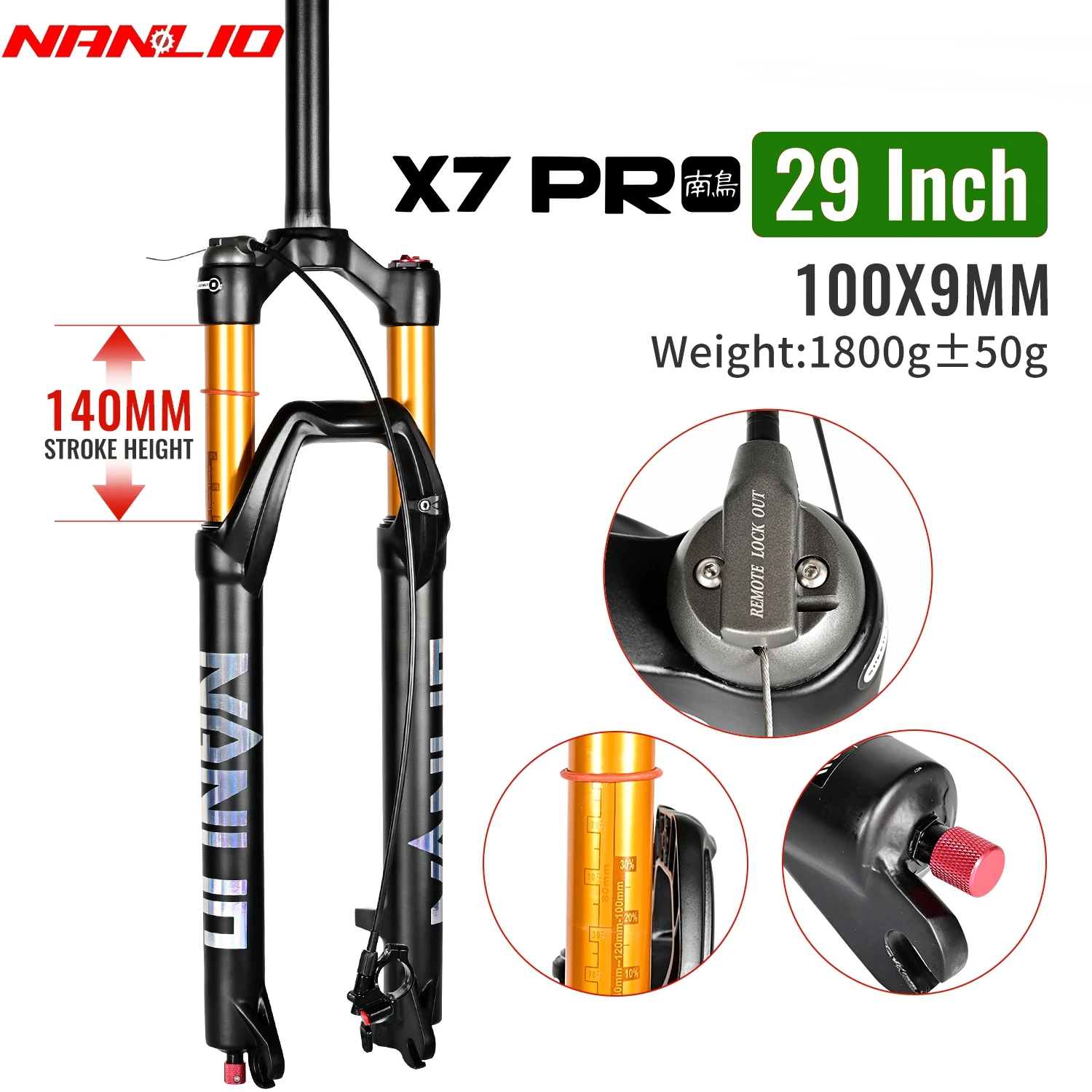 NANLIO X7 PRO MTB 에어 서스펜션 포크 26 27.5 29인치 120 140mm 트래블 리바운드 조절 메탈 부싱 블랙 골드 자전거 포크