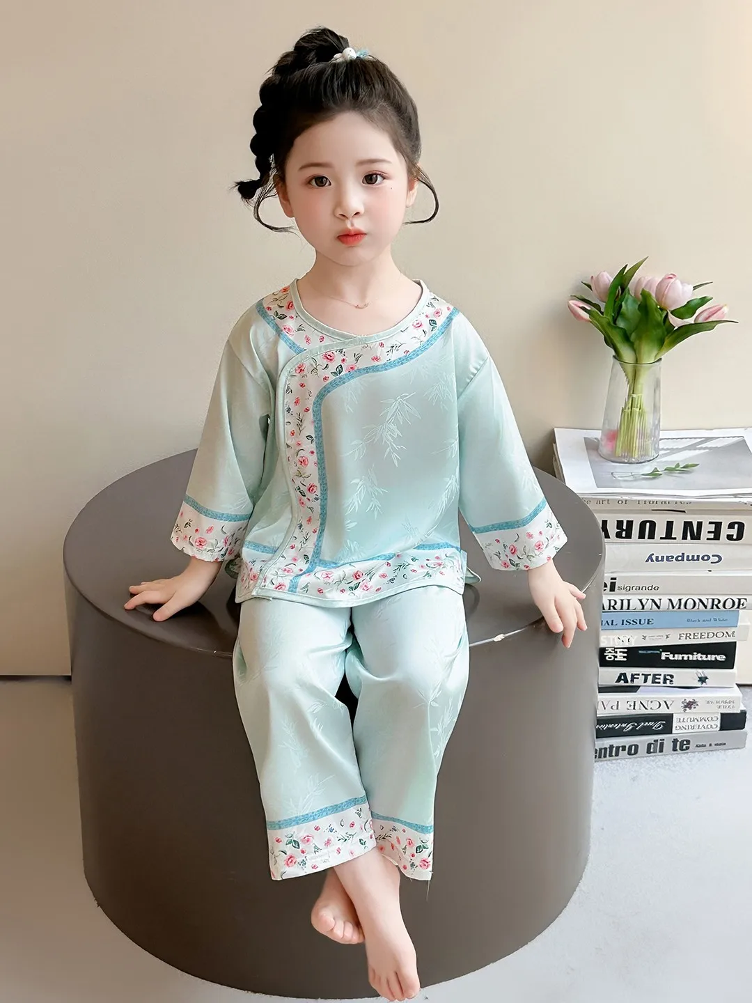 여자 실크 잠옷 얇은 봄 가을 가정 의류 에어컨 정장 어린 소녀 Hanfu 당나라..