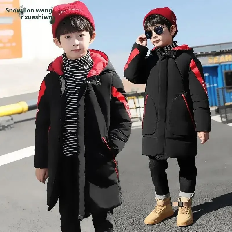 سترة قطنية سميكة متوسطة الطول للأولاد ملابس شتوية على الطراز الكوري ملابس خارجية معطف قطني للأطفال مقاس متوسط إلى كبير