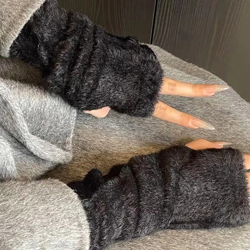 Autumn Winter Soft Mink Long Half Finger Gloves Women Plush Knitted Fingerless Gloves Wrist Mittens Driving Writting