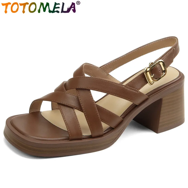 

TOTOMELA 2024 Size 34-40 New Genuine Leather Sandals Vintage Thick High Heels Platform Shoes Ladies Slingbacks Casual Sandals
