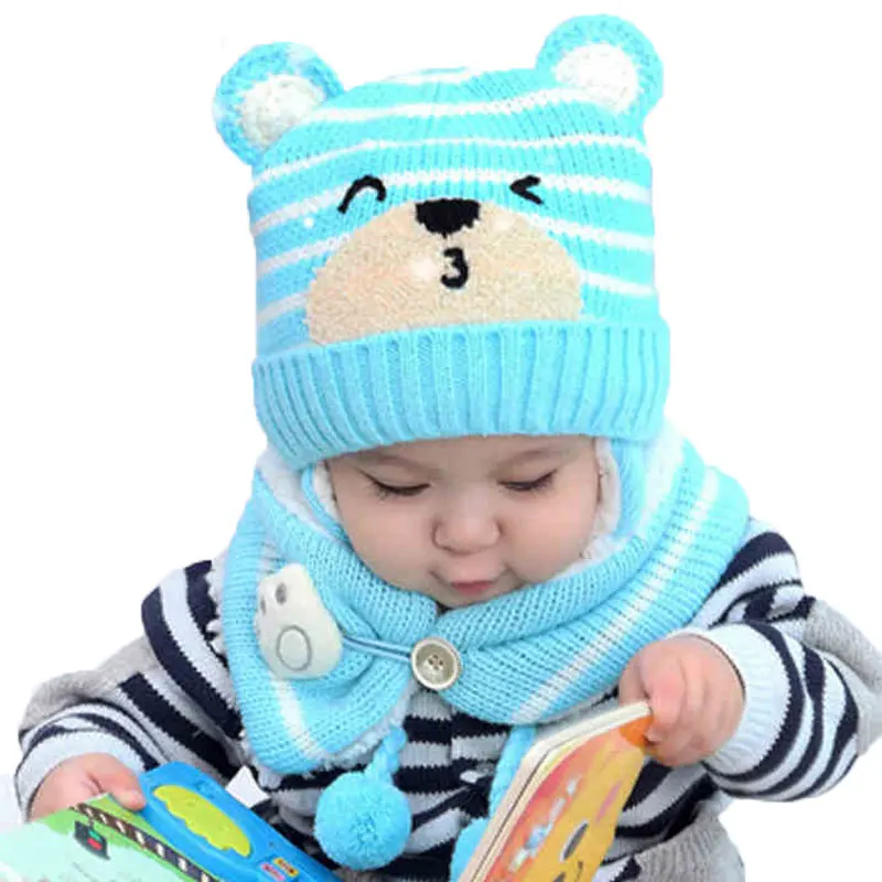 Winter Baby Girl Hat Scarf Set For Children Boys Kids Cartoon Bear Stripe Knit Ear Beanie Cap And Button Paw Scarves Warm Suit