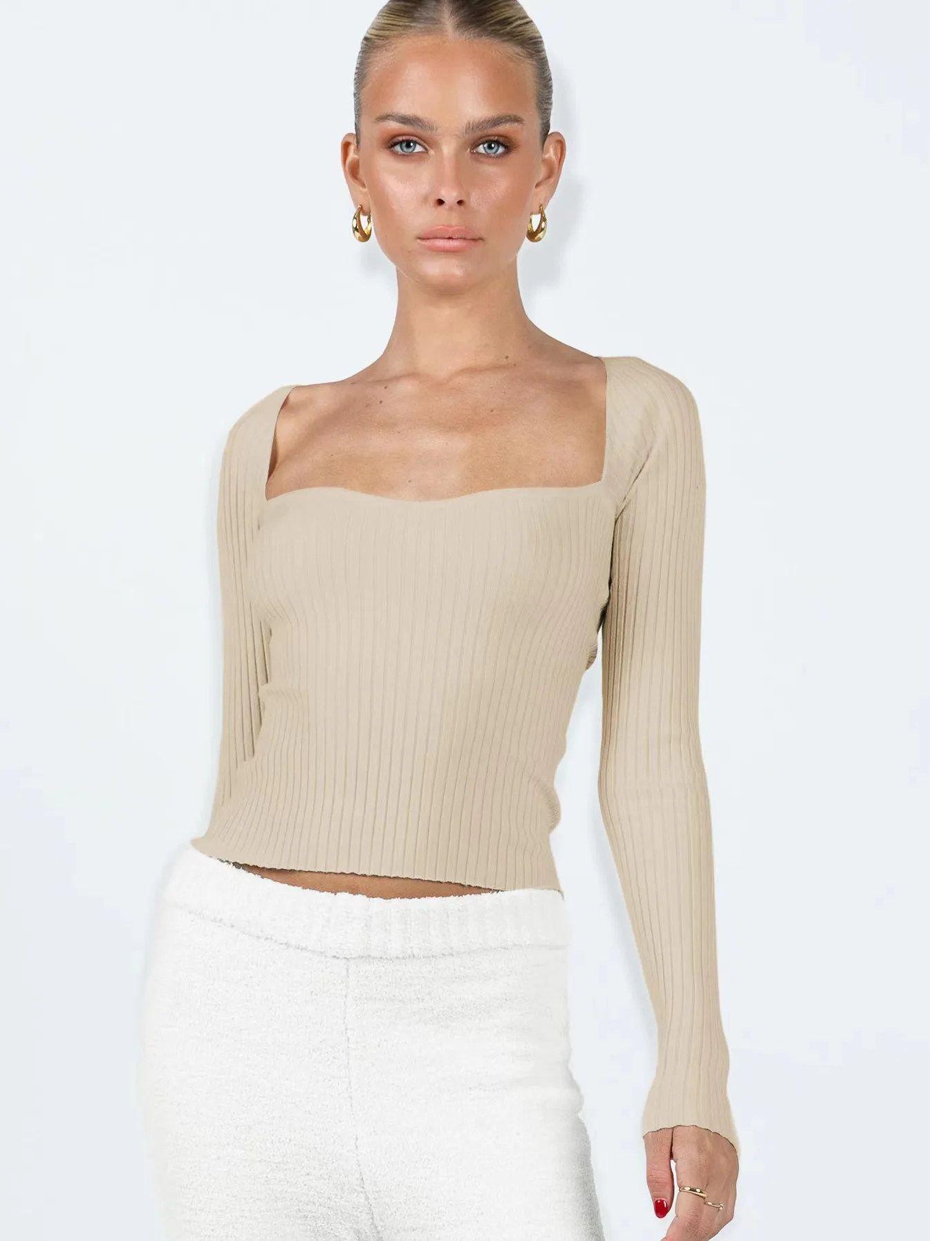 

Square Collar Long Sleeve Ribbed Shirt Wool Slash Neck Long Sleeve Solid 2023 Casual Women Seamless Pullovers Sweater