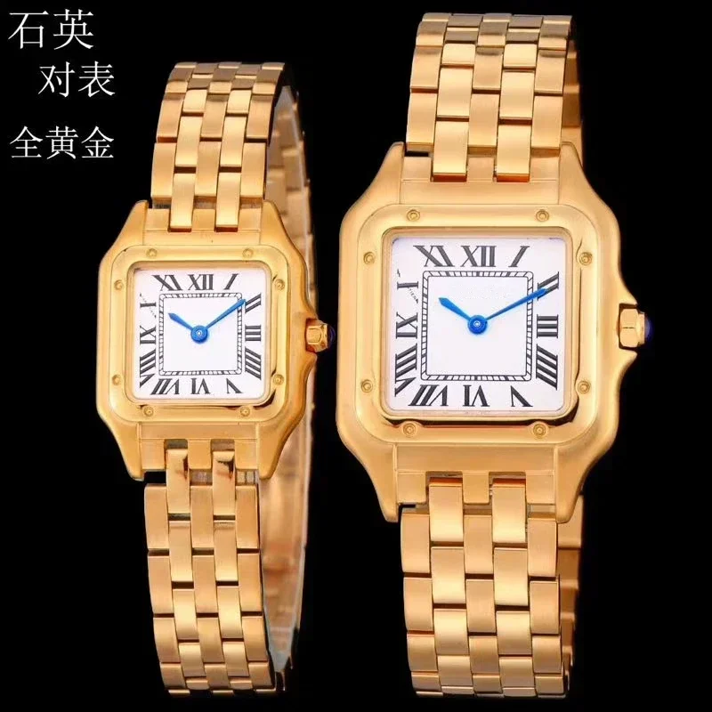 

Luxury Mens Womens Quartz Watch Panthere Sapphire Stainless Steel Yellow Gold Diamonds Bezel Silver Rome White Dial