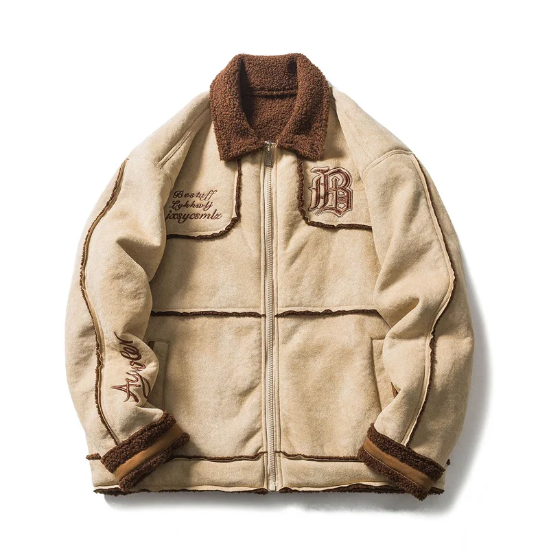 

Винтажное мужское утепленное пальто из овечьей шерсти с Вышивкой Букв, зимняя теплая парка с лацканами, уличная мода, повседневное пальто унисекс
