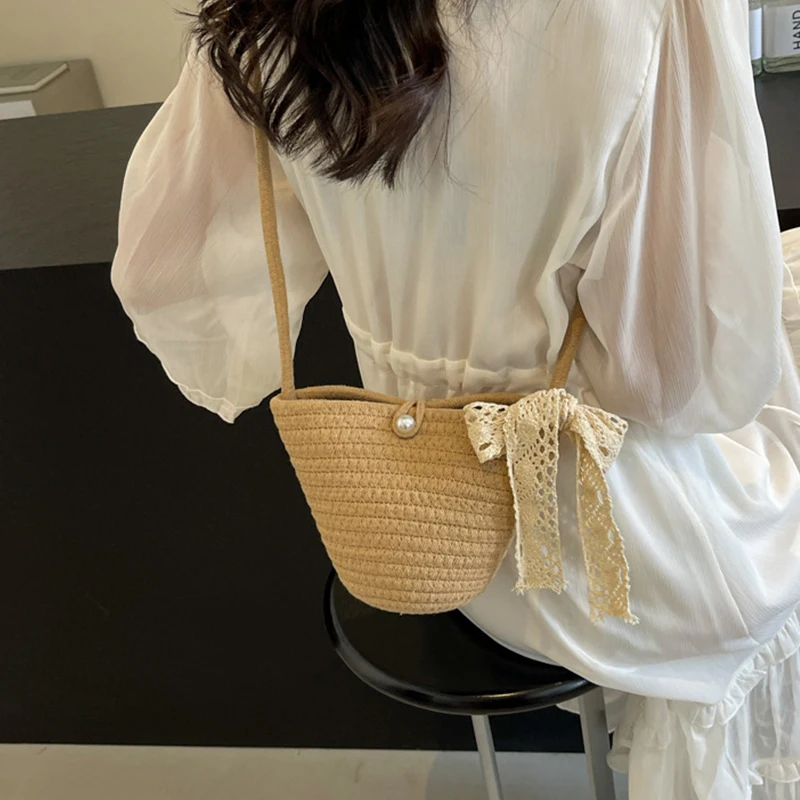 Women's Casual Cotton Woven Handbag Summer Beach Bag Small Shell Weave Shopper Tote with Lace Ribbon Shoulder Crossbody Strap