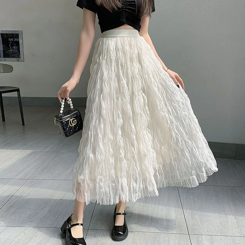Fairy Skirt Women 2024 New Korean Fashion 3 Layers Pleated Slimming Wave Cute Large Hem Yarn Maxi Skirt