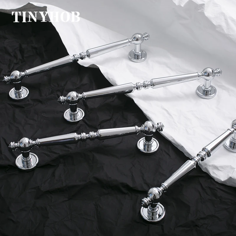 Bright Chrome Solid Brass Cabos de Armário Luxo Armário Alças Prata Móveis Hardware Gaveta Pull Francês Cozinha Acessórios