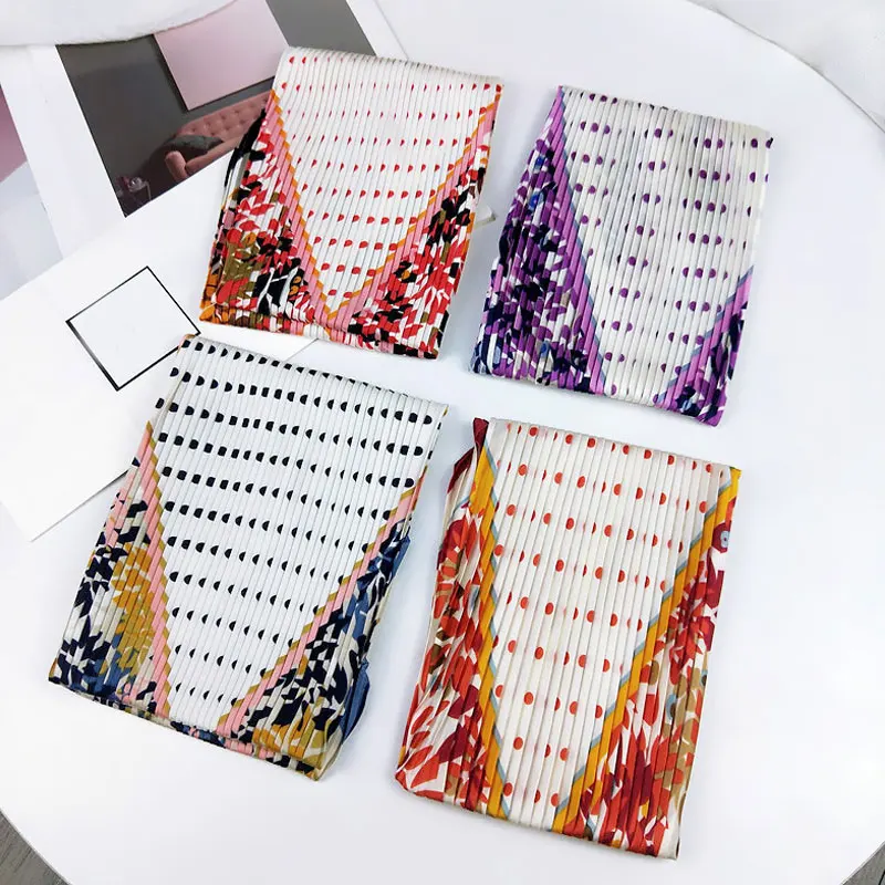 S81328a0026204f018c6ce4cce4bfec96h Korean Pleated Scarf Crinkle Small Square Scarf Decorative Silk Women Scarf Print Neck Scarves Elastic Hair Band Ribbon Wrinkle Mallzona