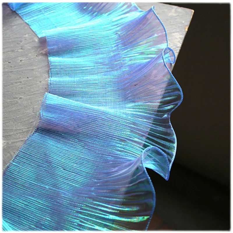 1 Yard tessuto di pizzo blu pieghettato effetto sirena Laser Neon lustro per le donne vestono 15CM di larghezza