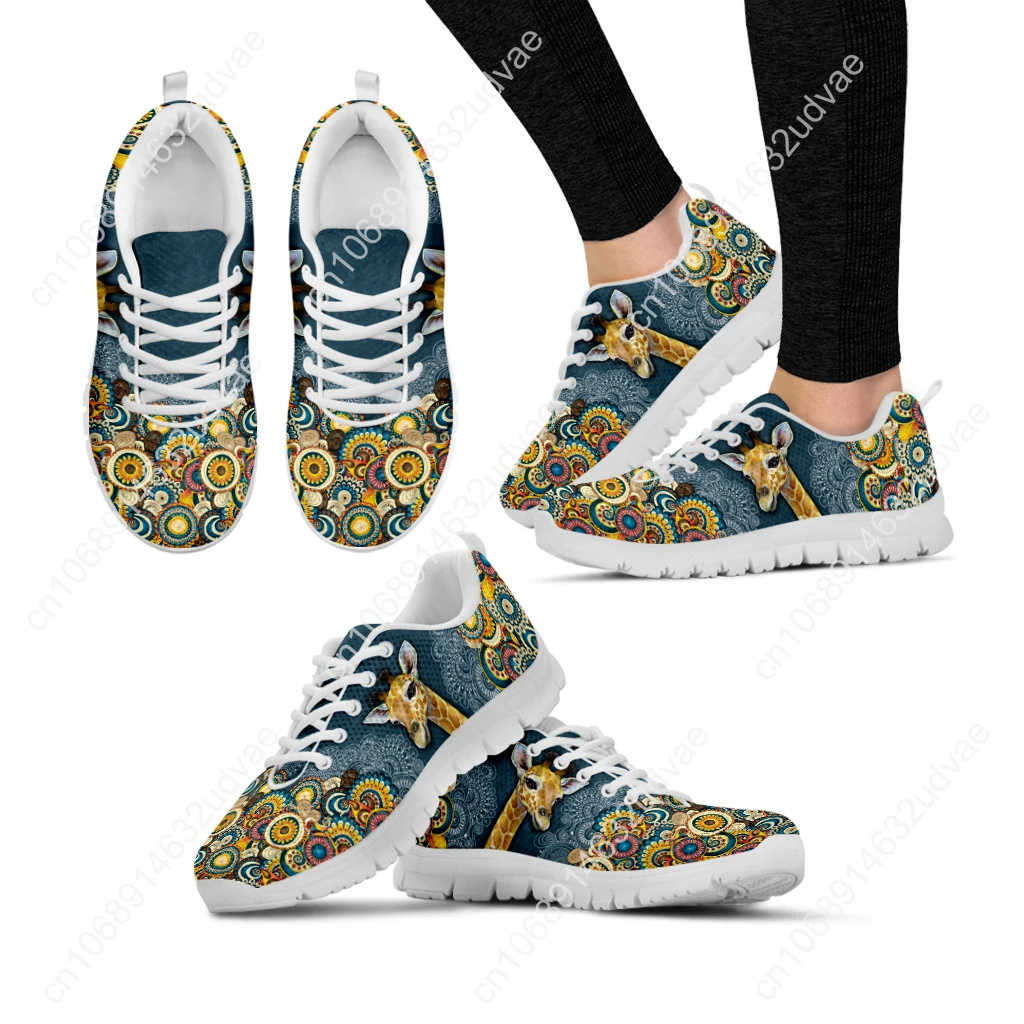 Bohemian Style Lace-up Shoes Cartoon Giraffe Print White Platform Sneakers Comfortable And Breathable Summer Shoes