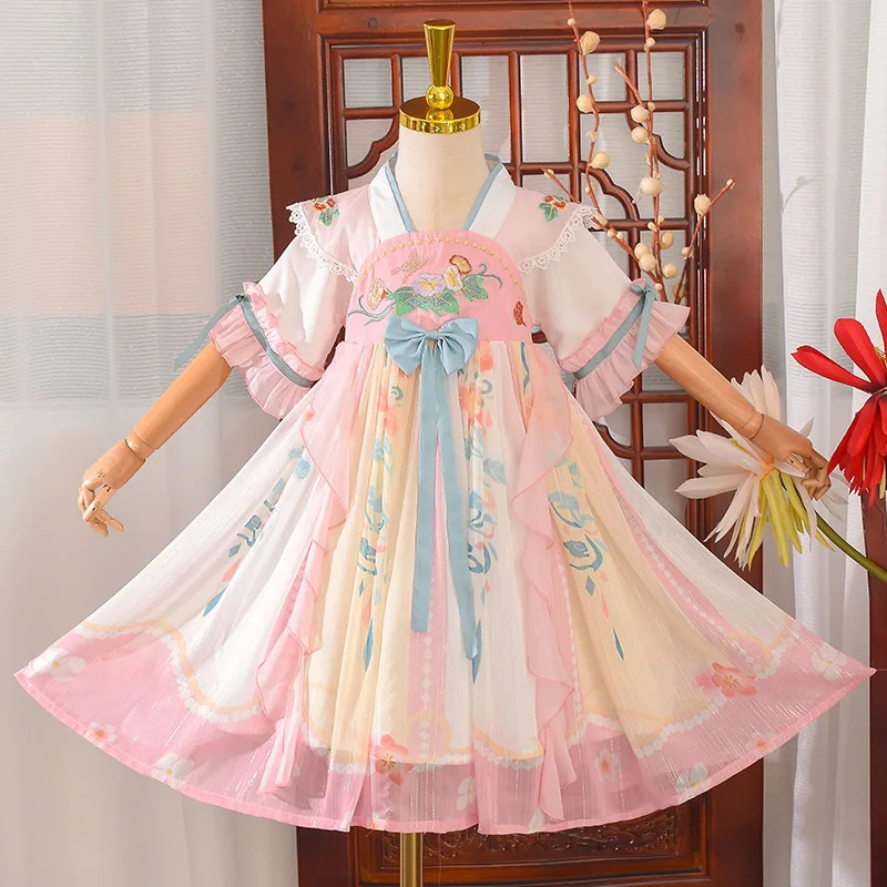 

Girls Kids Costume Chinese Ancient Pink Floral Embroidery Dress Summer Children Cosplay Short Sleeve Hanfu