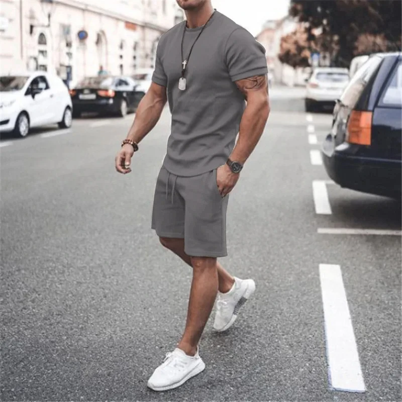 Solid Color Europe And The United States Men's 13 Color Summer New Short Sleeve Tshirt +Shorts 2pcs set Leisure Sports Men Suit 5